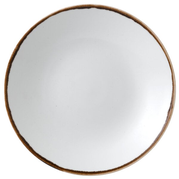 A white Dudson Harvest china plate with a brown rim.