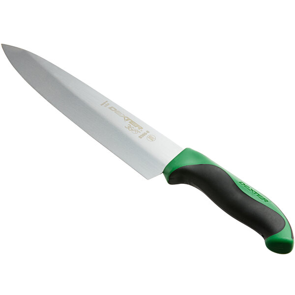 A Dexter-Russell chef knife with a green handle.