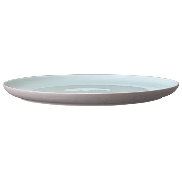 A white porcelain coupe plate with a blue speckled rim.