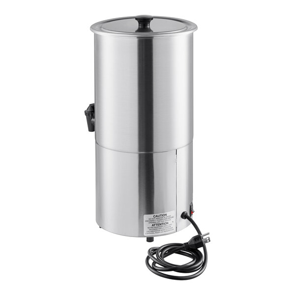 A stainless steel 3-gallon syrup warmer with a lid and an attached power cord.