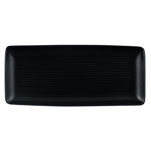 A black rectangular Dudson Evo stoneware platter with a stripe pattern.