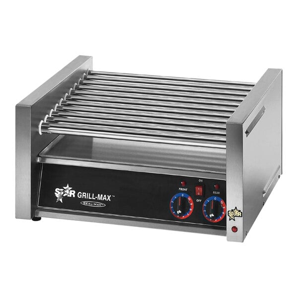 A Star Grill-Max 20 hot dog roller grill with chrome rollers and knobs.