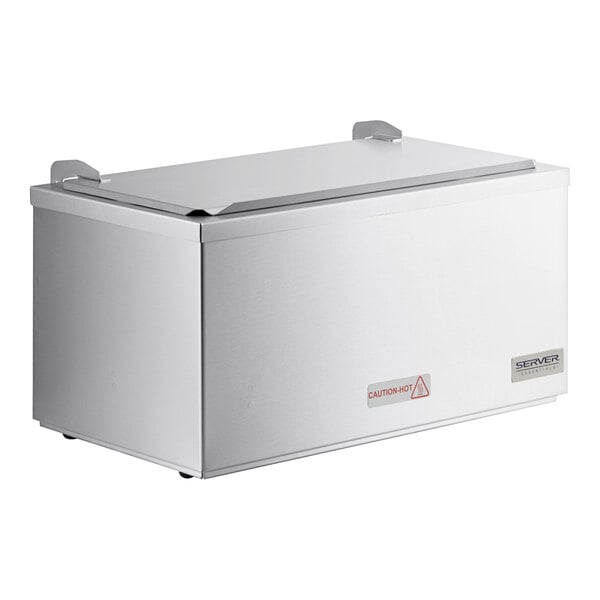 A stainless steel double cone dip warmer with a hinged lid and caution-hot label.