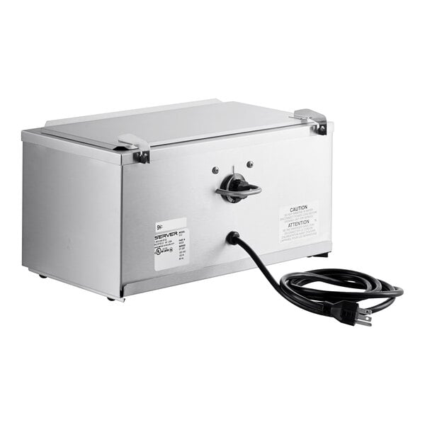 A stainless steel double cone dip warmer with a power cord and adjustable temperature control.