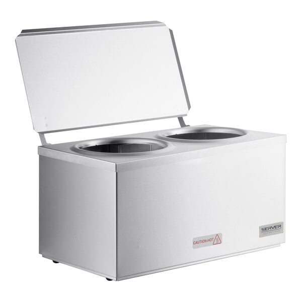 A stainless steel double cone dip warmer with two circular openings and a hinged lid.