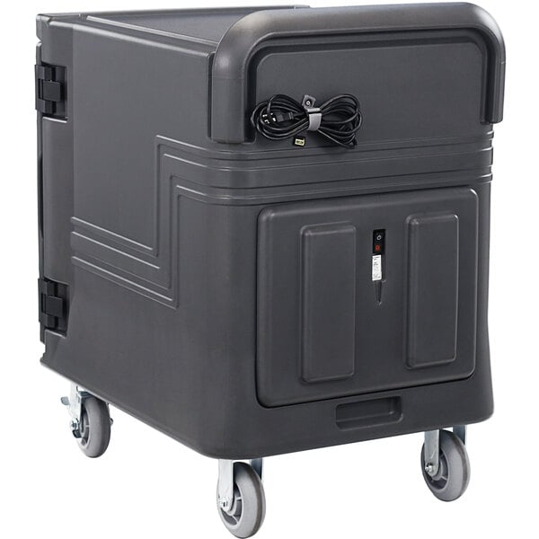 A black Cambro Pro Cart Ultra low profile electric hot holding cabinet with wheels.