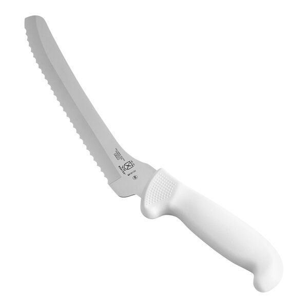 A Mercer Culinary Ultimate White bread knife with a white handle.