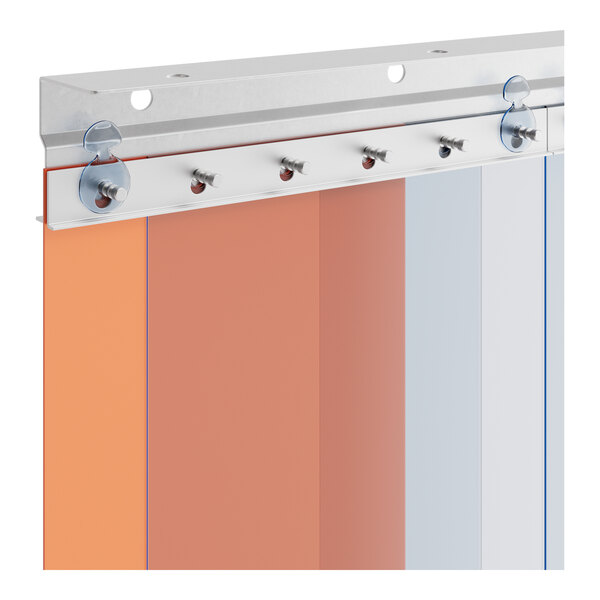 A close-up of a white Curtron transparent PVC strip door.