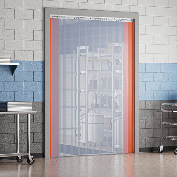 A Curtron transparent PVC strip door in a school kitchen.