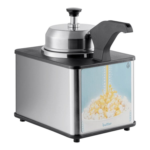 A stainless steel butter warmer and dispenser with a pump and a popcorn graphic on the front.