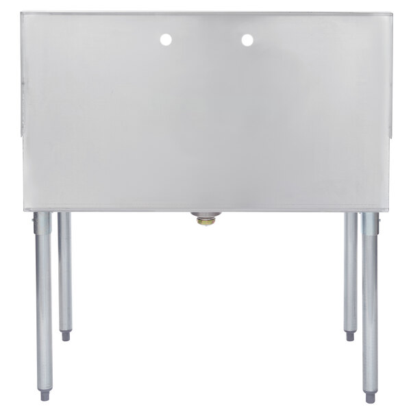 A stainless steel Advance Tabco commercial sink with a drain on the left.