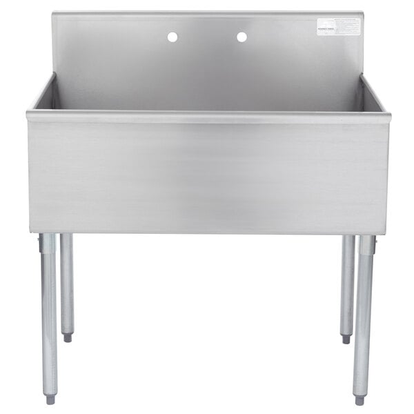 A stainless steel Advance Tabco commercial sink with two holes and two legs.