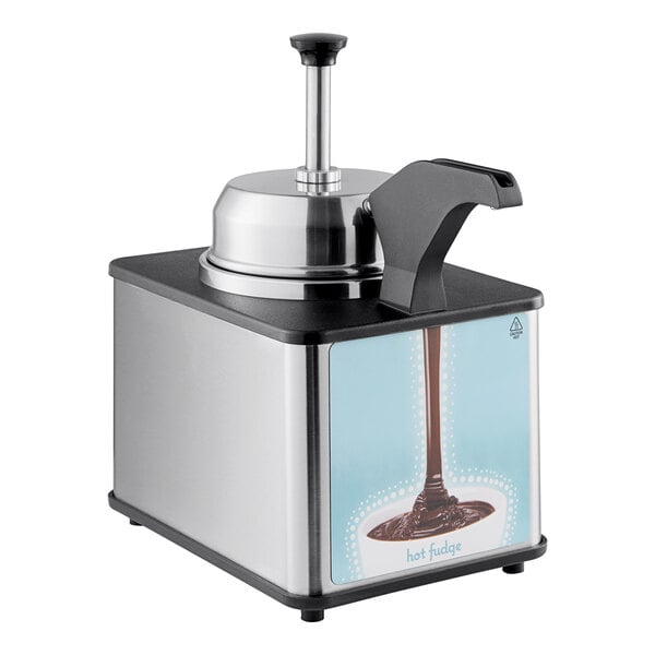 A stainless steel hot topping warmer and merchandiser with a pump dispenser.