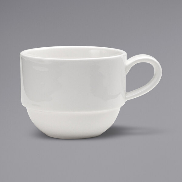 A close up of a Sant'Andrea Cromwell warm white porcelain cup with a handle.