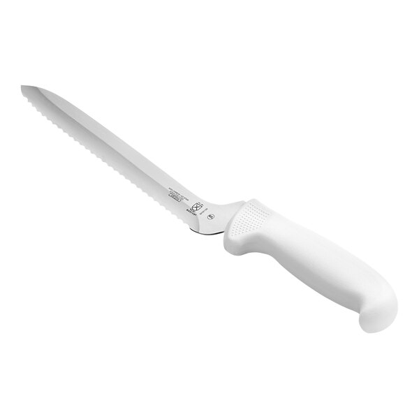 A Mercer Culinary Ultimate White bread knife with a white handle.