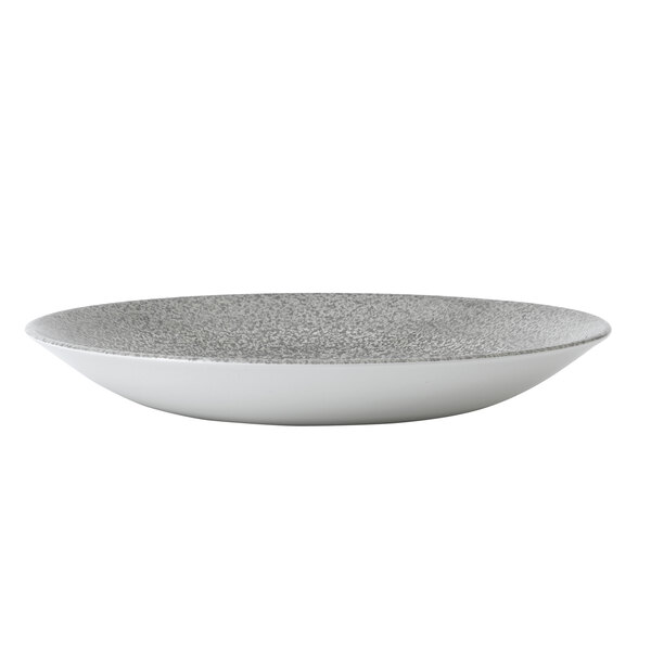 A white plate with a grey speckled design.