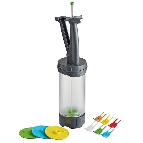 A Server ProPortion Handheld Single-Tip Dispenser kit with a grey and clear plastic bottle, green needle, and colorful plastic caps.