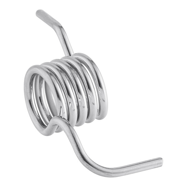 A close-up of a silver metal spring with a spiraled coil.
