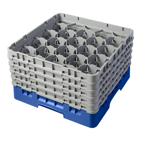 A blue and gray plastic glass rack with 20 compartments and five extenders for holding and washing glassware.