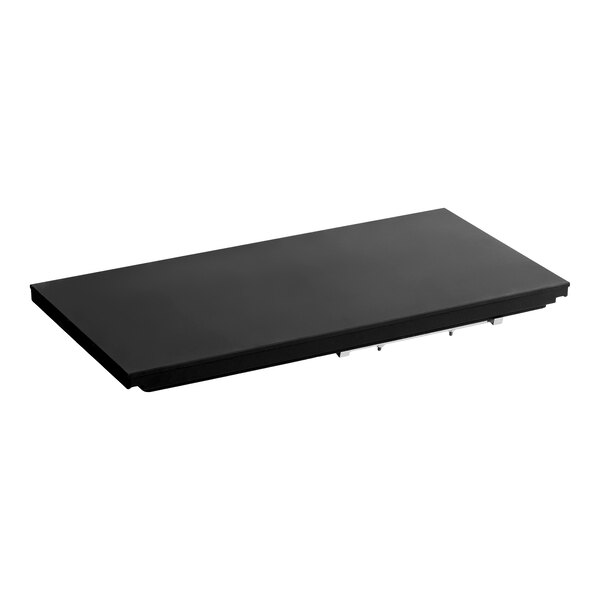 A rectangular, flat, black metal plate with a smooth surface and some small metal components visible underneath.