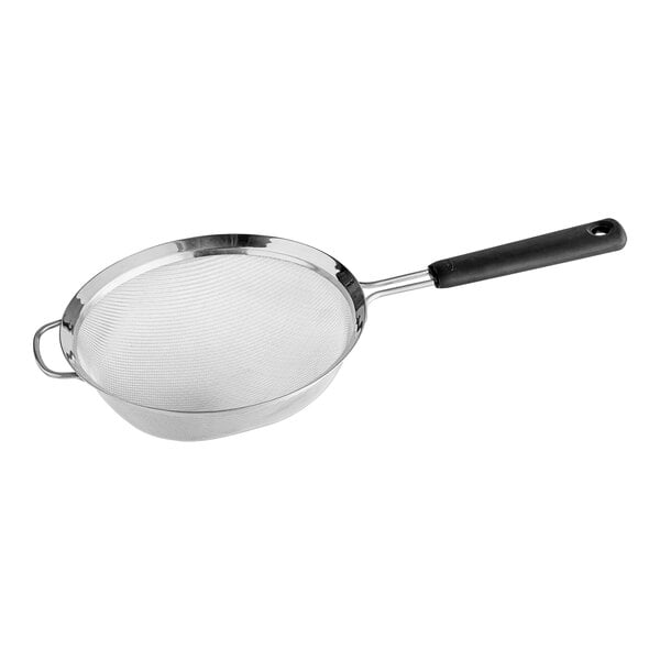 An OXO stainless steel fine mesh strainer with a black handle.
