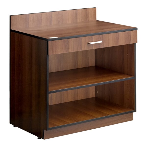 Lancaster Table & Seating 36" Walnut Waitress Station with Drawer and Adjustable Shelf