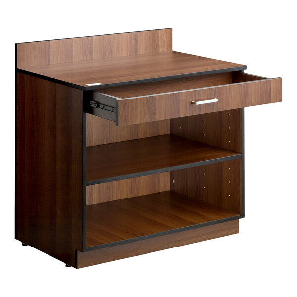 Lancaster Table & Seating 36" Walnut Waitress Station with Drawer and Adjustable Shelf