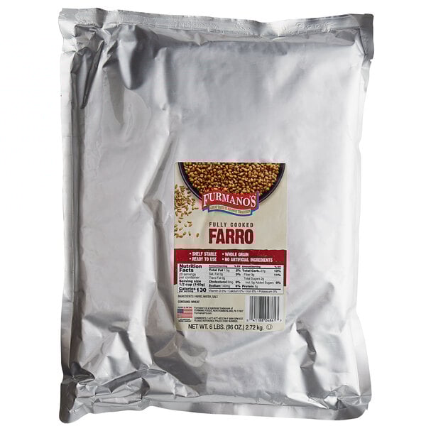 A package of Furmano's Ancient Grains Fully Cooked Farro with a label on a white background.