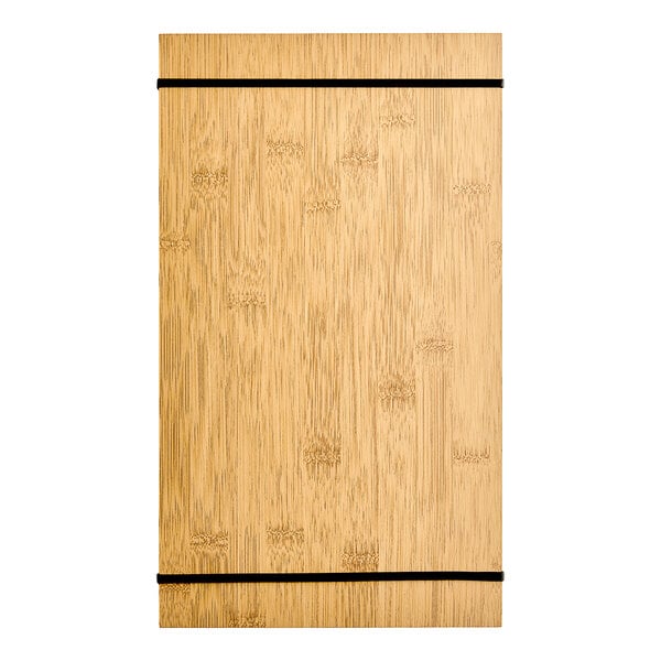 An American Metalcraft bamboo wood menu holder with black rubber bands.