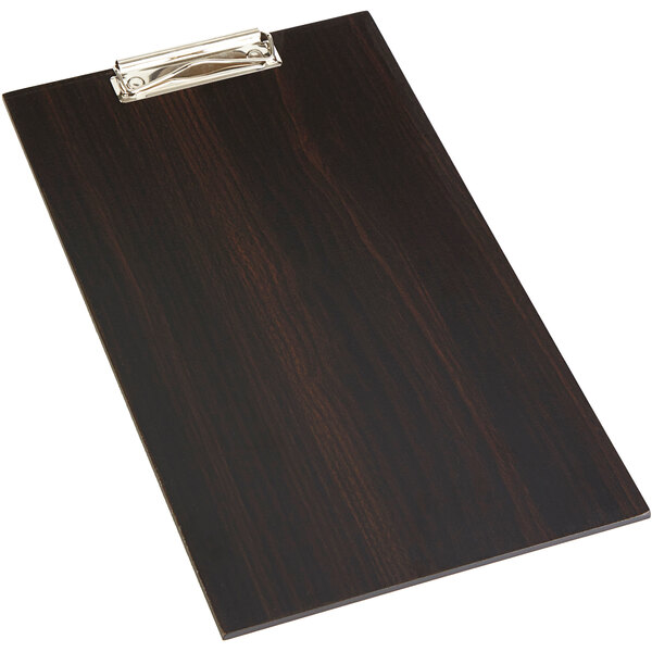 An American Metalcraft espresso wood clipboard menu holder with a metal clip.