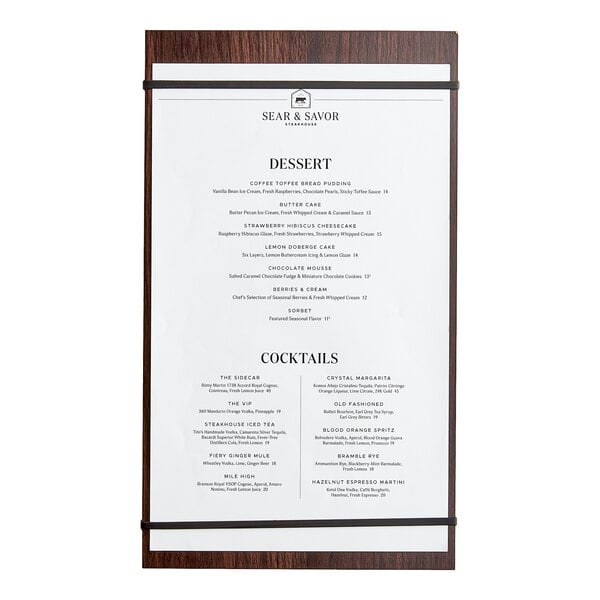 An American Metalcraft espresso wood menu holder with rubberbands holding a menu on a table.