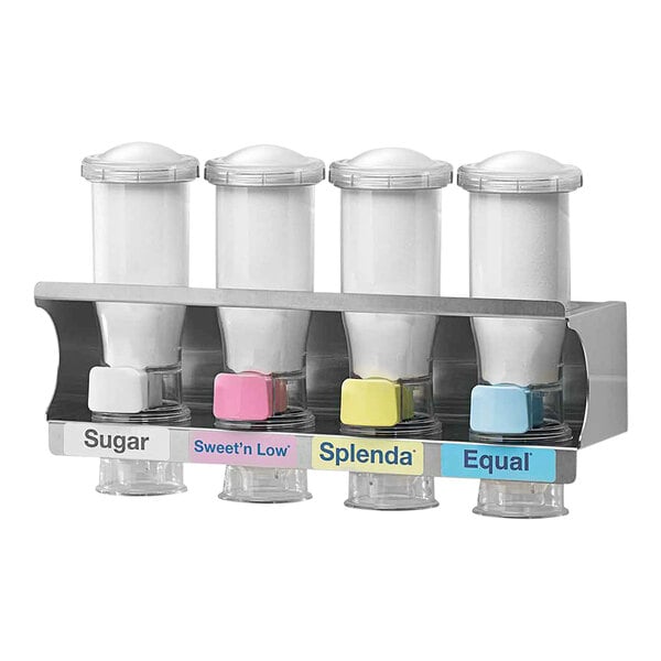 A Server InSweeten SweetStation quad sweetener dispenser on a counter with three different colored bottles.