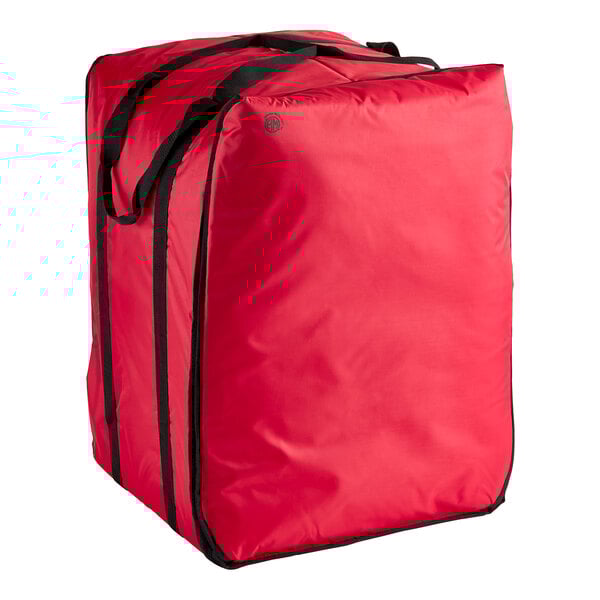 An American Metalcraft red nylon pizza delivery bag with black straps.