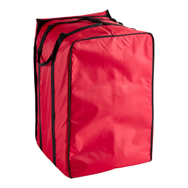 An American Metalcraft red nylon pizza delivery bag with black straps.