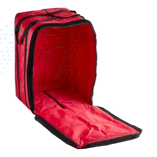 An American Metalcraft red nylon pizza delivery bag with black trim and a zipper.