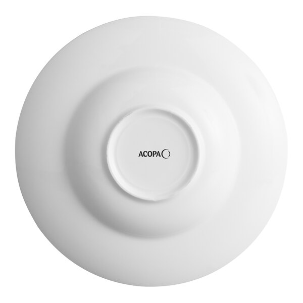 A white porcelain soup bowl with embossed lines and a wide rim, shown from the bottom with the Acopa brand visible.