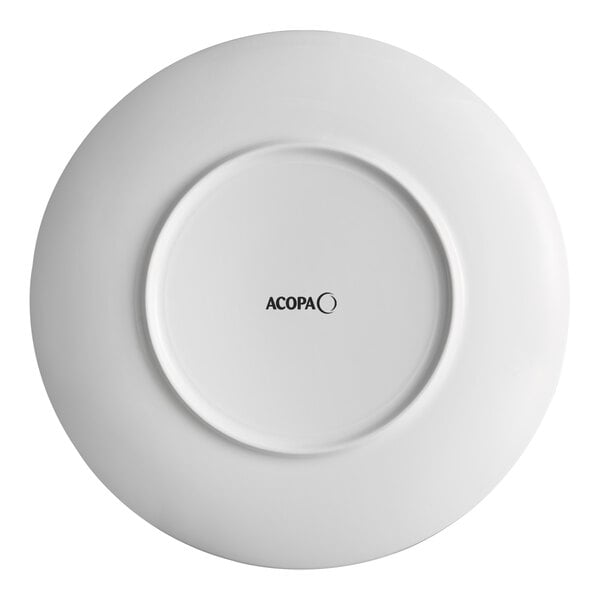 A white porcelain plate with embossed lines and a wide rim, shown from the bottom with the Acopa brand logo.