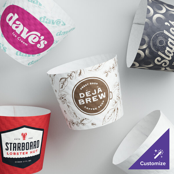 A white customizable embossed coffee cup sleeve with a logo.