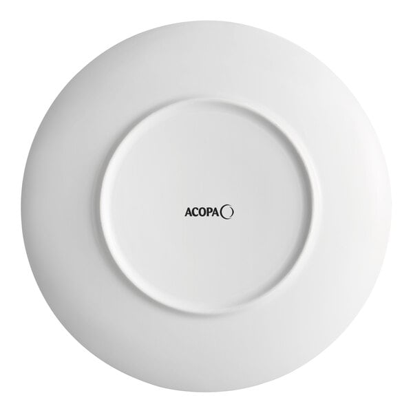 A white porcelain plate with embossed lines and a wide rim, shown from the bottom with the Acopa logo.
