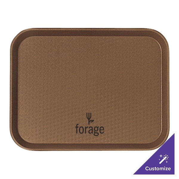 A brown Cambro fast food tray with a logo on it.