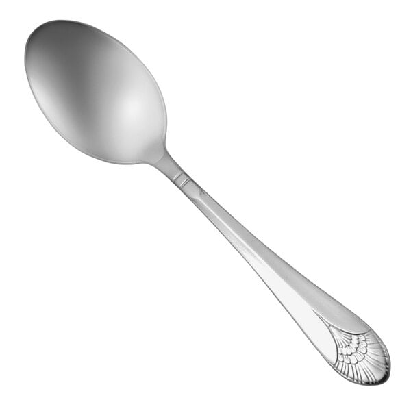 An Oneida New York silver teaspoon with a design on the handle.