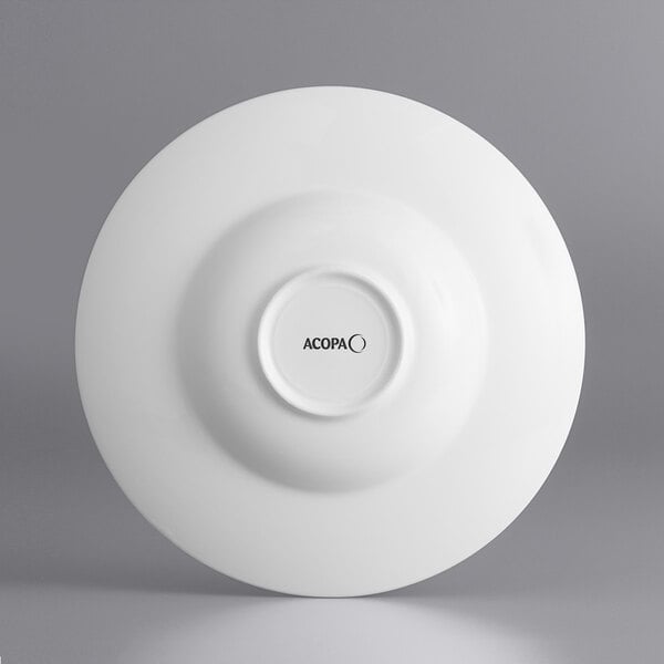 An Acopa white porcelain pasta bowl with embossed lines.