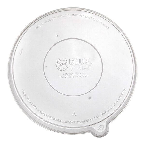 A clear round plastic lid made from 100% recycled content, designed to fit 16-46 oz. containers.