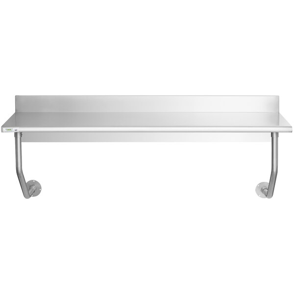 A Regency stainless steel wall mounted table with a backsplash and metal hooks.