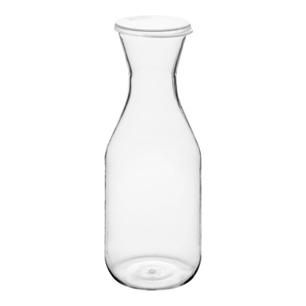 A clear polycarbonate carafe with a white flat lid.