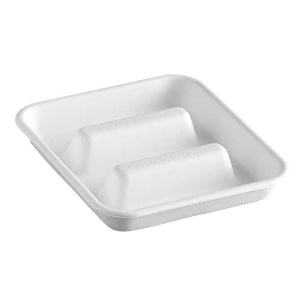 A white Eco-Products sugarcane taco tray with three compartments.