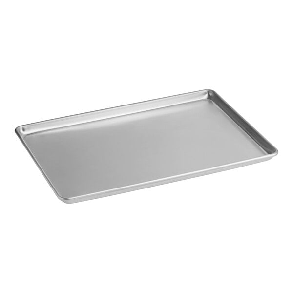 A full size aluminum bun or sheet pan with a wire-reinforced rim.