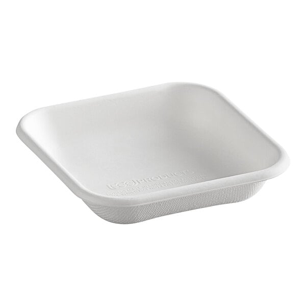 A white Eco-Products square container with text on it.