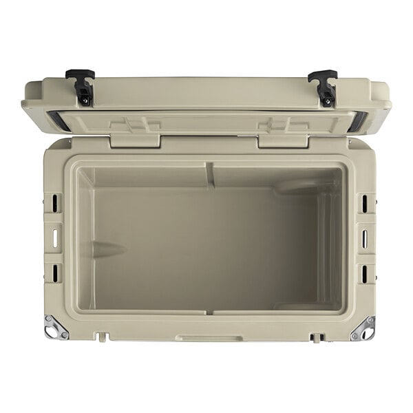 A tan CaterGator outdoor cooler with a lid open.