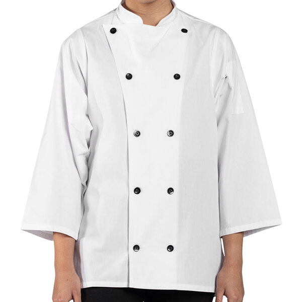 A person wearing a Uncommon Chef white 3/4 sleeve chef coat with buttons and a collar.